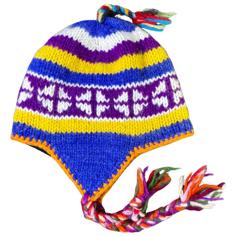 Trapper Hat 100% Wool Fair Isle Nepal Blue Yellow
